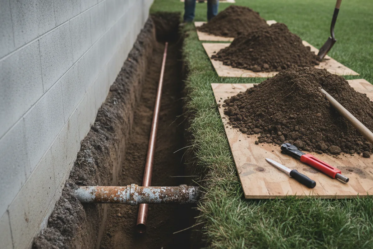 Excavated water line trench during Water Softener Installation in Sardinia